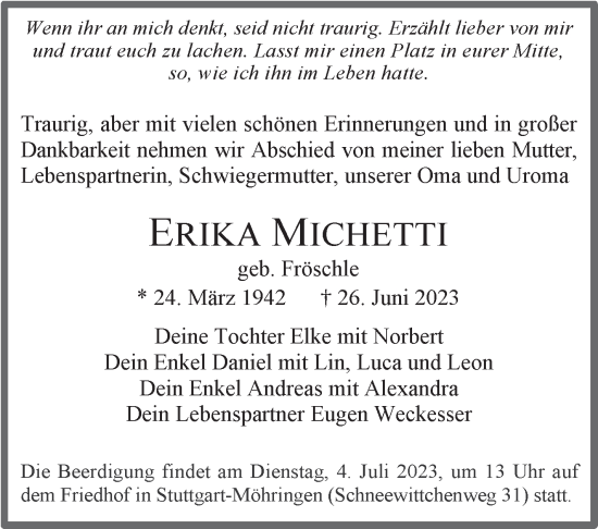 Traueranzeige von Erika Michetti von Stuttgarter Zeitung / Stuttgarter Nachrichten