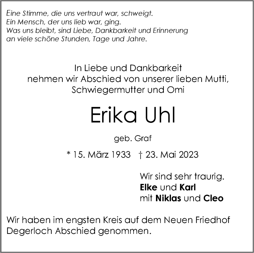  Traueranzeige für Erika Uhl vom 10.06.2023 aus Stuttgarter Zeitung / Stuttgarter Nachrichten