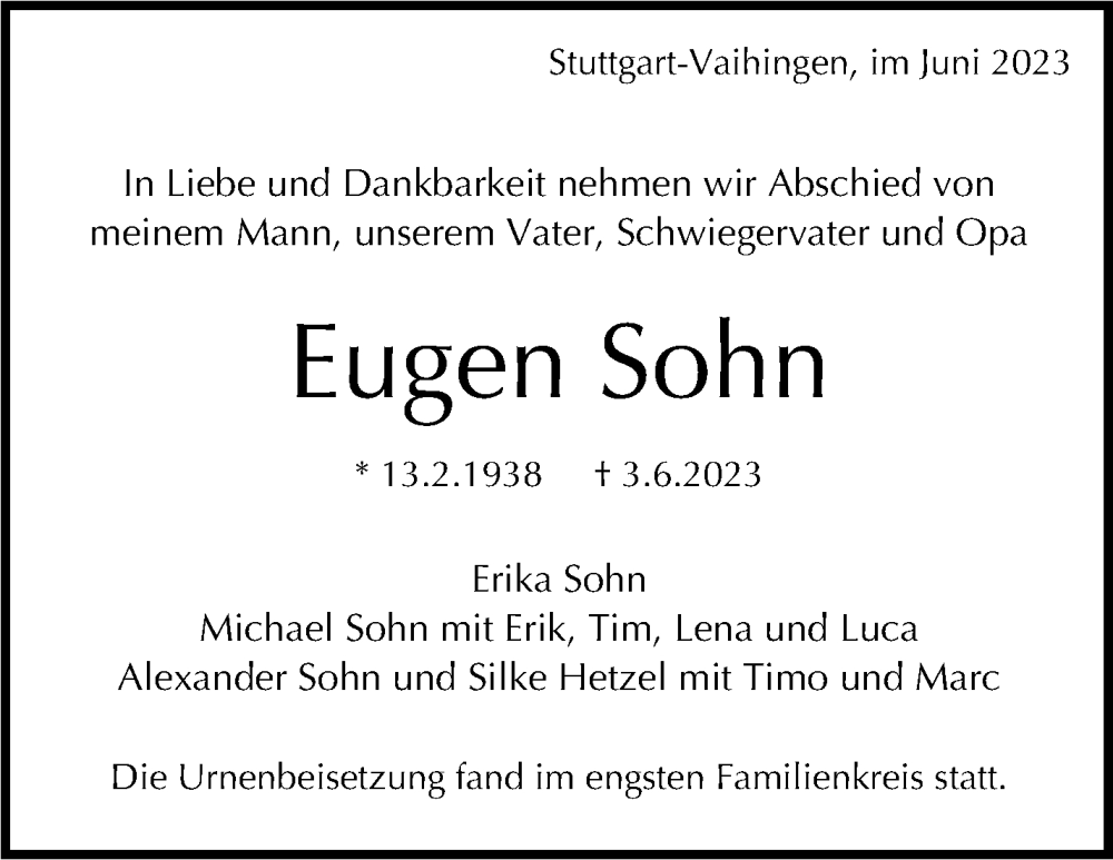  Traueranzeige für Eugen Sohn vom 24.06.2023 aus Stuttgarter Zeitung / Stuttgarter Nachrichten