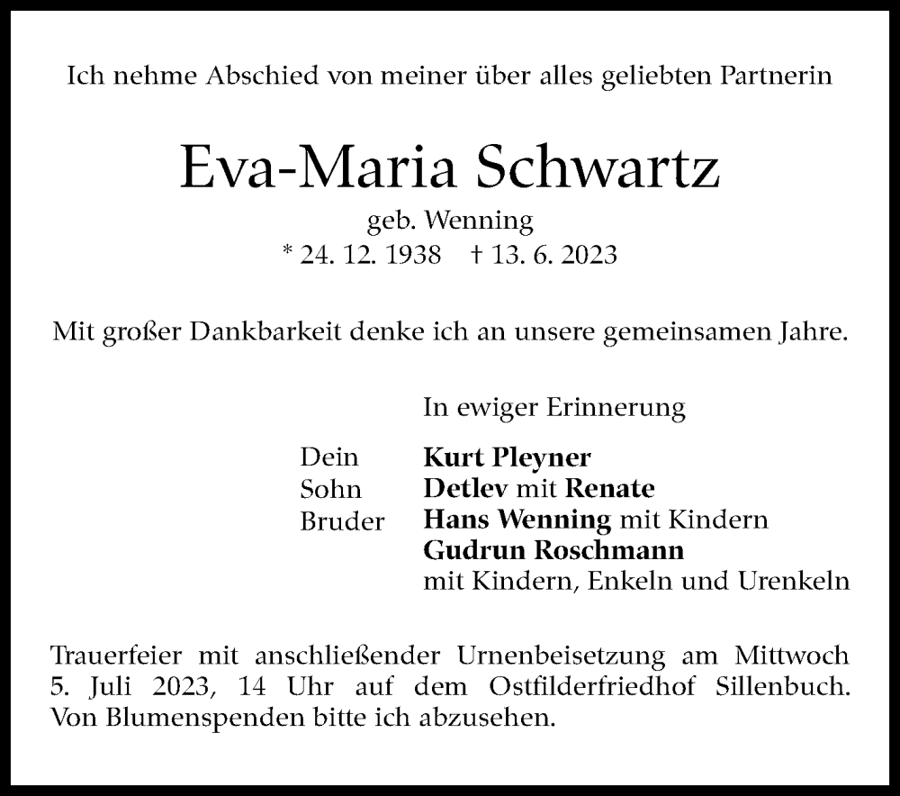  Traueranzeige für Eva-Maria Schwartz vom 28.06.2023 aus Stuttgarter Zeitung / Stuttgarter Nachrichten