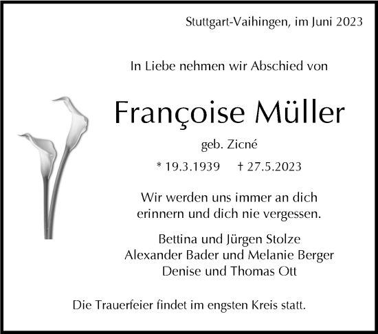 Traueranzeige von Françoise Müller von Stuttgarter Zeitung / Stuttgarter Nachrichten