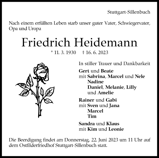 Traueranzeige von Friedrich Heidemann von Stuttgarter Zeitung / Stuttgarter Nachrichten