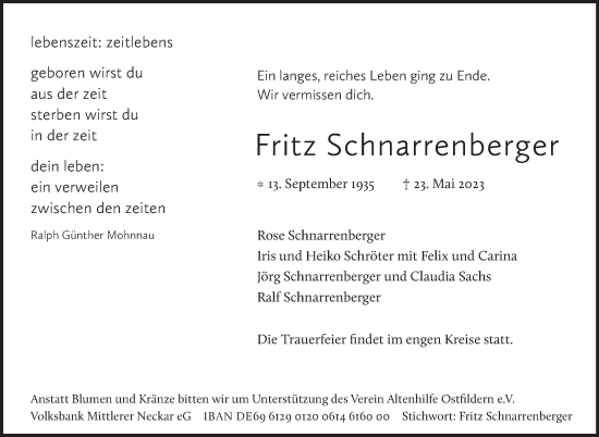 Traueranzeige von Fritz Schnarrenberger von Stuttgarter Zeitung / Stuttgarter Nachrichten