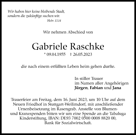 Traueranzeige von Gabriele Raschke von Stuttgarter Zeitung / Stuttgarter Nachrichten