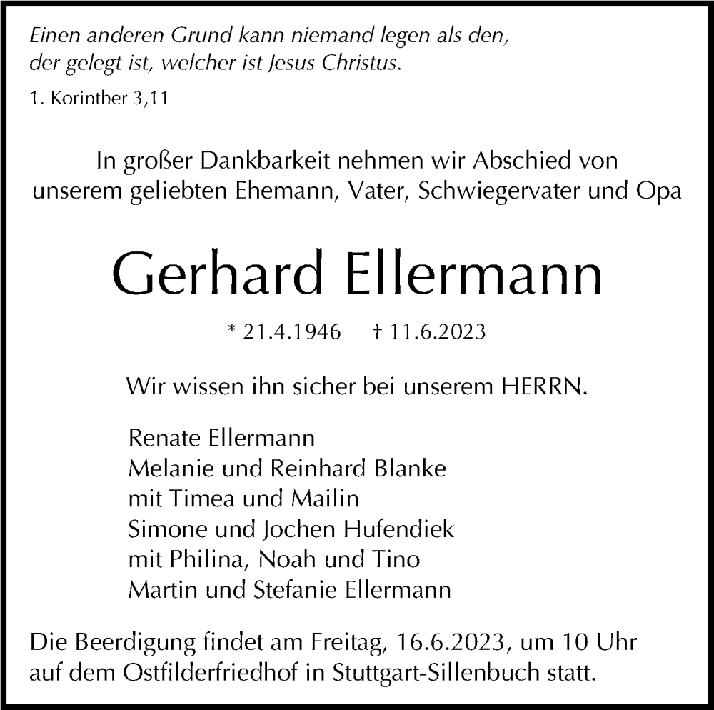  Traueranzeige für Gerhard Ellermann vom 14.06.2023 aus Stuttgarter Zeitung / Stuttgarter Nachrichten