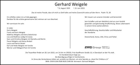 Traueranzeige von Gerhard Weigele von Stuttgarter Zeitung / Stuttgarter Nachrichten