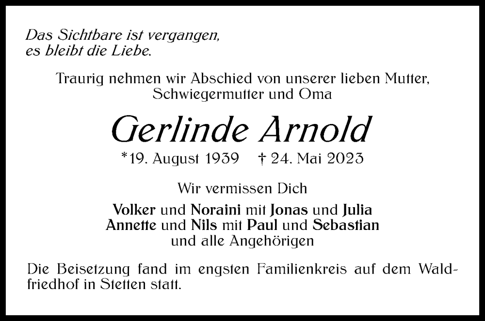  Traueranzeige für Gerlinde Arnold vom 03.06.2023 aus Stuttgarter Zeitung / Stuttgarter Nachrichten