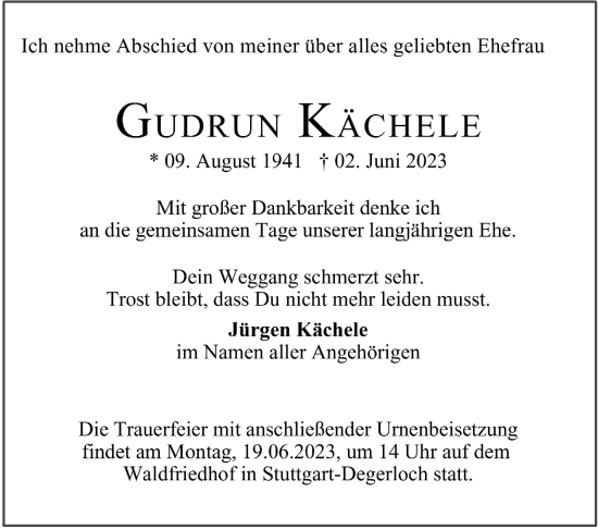 Traueranzeige von Gudrun Kächele von Stuttgarter Zeitung / Stuttgarter Nachrichten
