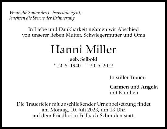 Traueranzeige von Hanni Miller von Stuttgarter Zeitung / Stuttgarter Nachrichten