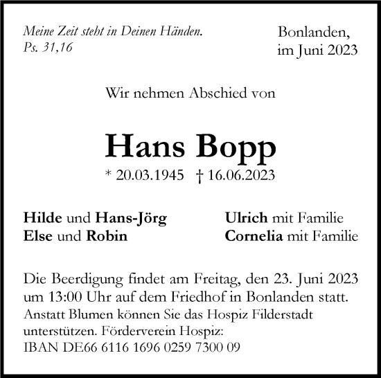 Traueranzeige von Hans Bopp von Stuttgarter Zeitung / Stuttgarter Nachrichten