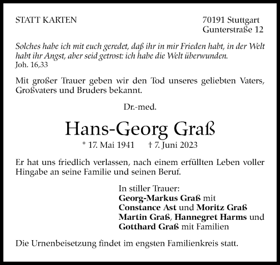 Traueranzeige von Hans-Georg Graß von Stuttgarter Zeitung / Stuttgarter Nachrichten