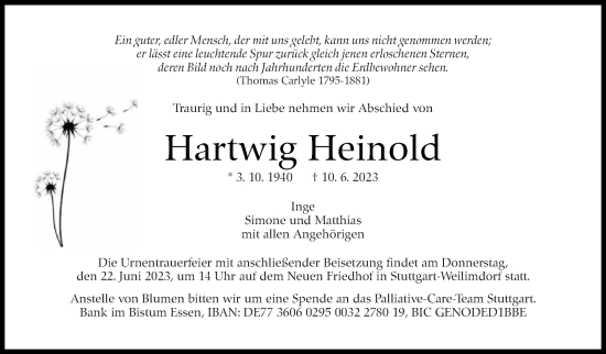 Traueranzeige von Hartwig Heinold von Stuttgarter Zeitung / Stuttgarter Nachrichten
