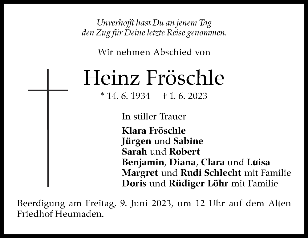  Traueranzeige für Heinz Fröschle vom 06.06.2023 aus Stuttgarter Zeitung / Stuttgarter Nachrichten