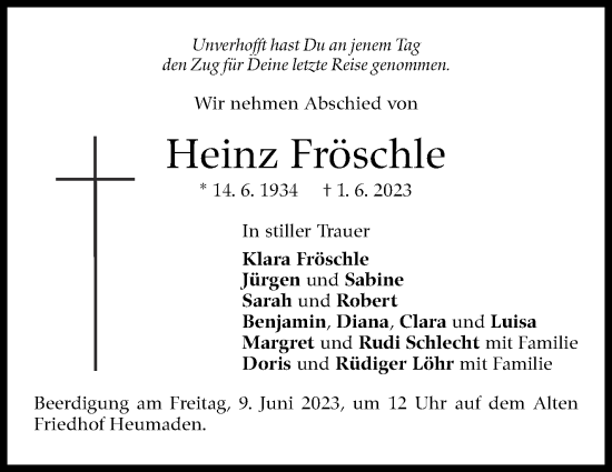 Traueranzeige von Heinz Fröschle von Stuttgarter Zeitung / Stuttgarter Nachrichten