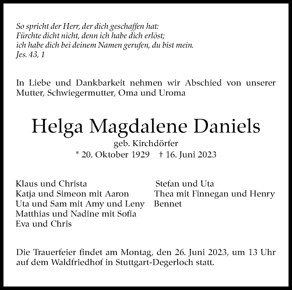  Traueranzeige für Helga Magdalene Daniels vom 22.06.2023 aus Stuttgarter Zeitung / Stuttgarter Nachrichten
