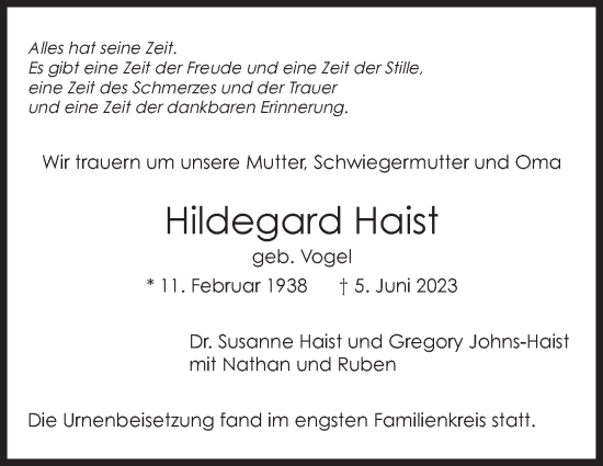 Traueranzeige von Hildegard Haist von Stuttgarter Zeitung / Stuttgarter Nachrichten
