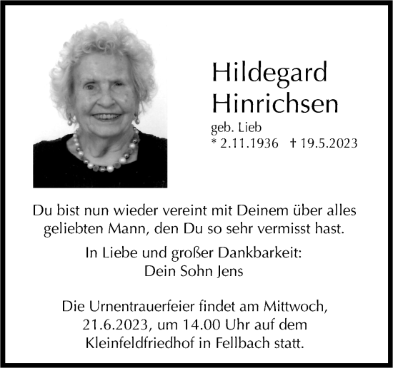Traueranzeige von Hildegard Hinrichsen von Stuttgarter Zeitung / Stuttgarter Nachrichten