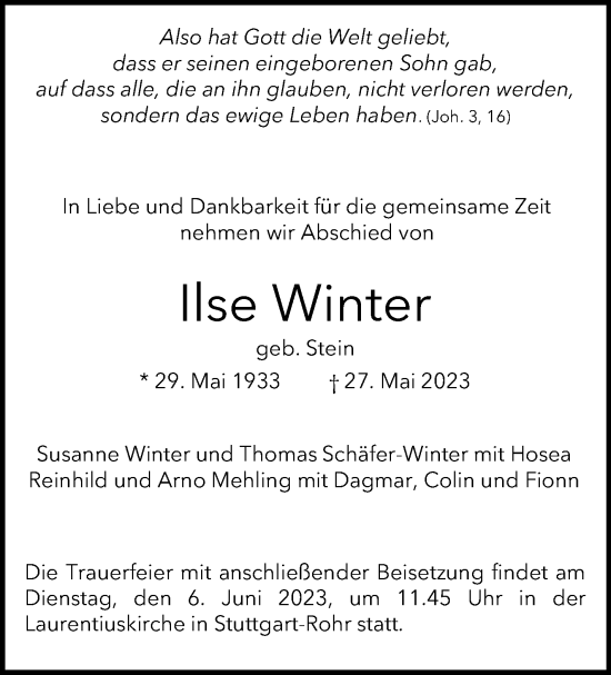 Traueranzeige von Ilse Winter von Stuttgarter Zeitung / Stuttgarter Nachrichten