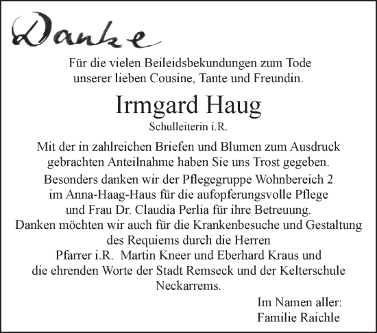 Traueranzeige von Irmgard Haug von Stuttgarter Zeitung / Stuttgarter Nachrichten