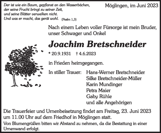 Traueranzeige von Joachim Bretschneider von Stuttgarter Zeitung / Stuttgarter Nachrichten