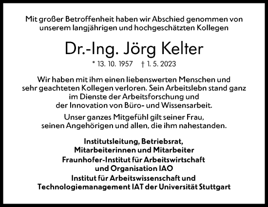 Traueranzeige von Jörg Kelter von Stuttgarter Zeitung / Stuttgarter Nachrichten