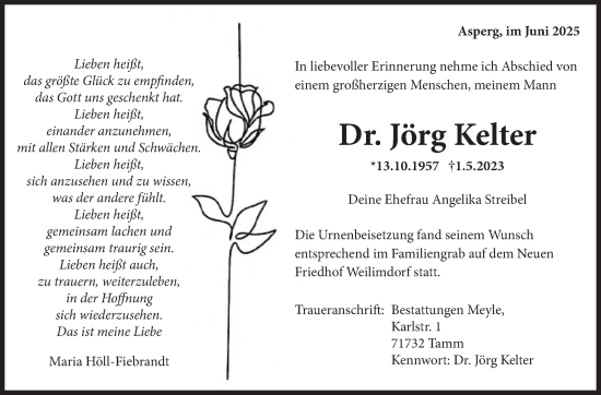 Traueranzeige von Jörg Kelter von Stuttgarter Zeitung / Stuttgarter Nachrichten