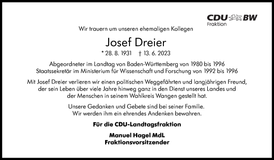 Traueranzeige von Josef Dreier von Stuttgarter Zeitung / Stuttgarter Nachrichten