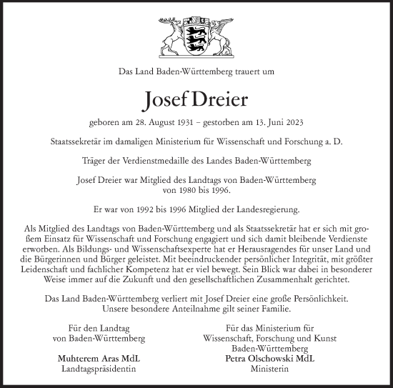 Traueranzeige von Josef Dreier von Stuttgarter Zeitung / Stuttgarter Nachrichten