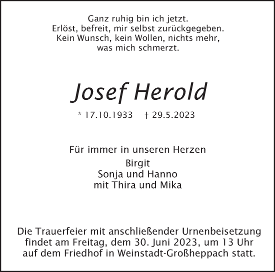 Traueranzeige von Josef Herold von Stuttgarter Zeitung / Stuttgarter Nachrichten