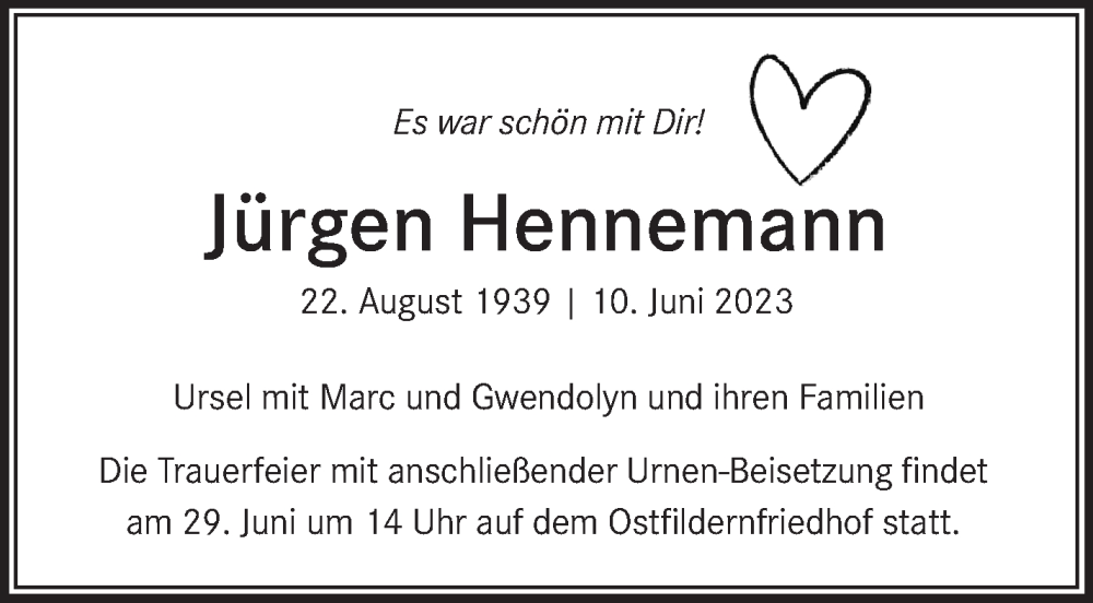  Traueranzeige für Jürgen Hennemann vom 24.06.2023 aus Stuttgarter Zeitung / Stuttgarter Nachrichten