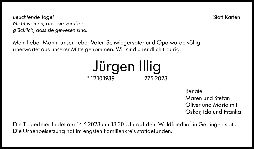  Traueranzeige für Jürgen Illig vom 07.06.2023 aus Stuttgarter Zeitung / Stuttgarter Nachrichten