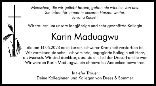 Traueranzeige von Karin Maduagwu von Stuttgarter Zeitung / Stuttgarter Nachrichten