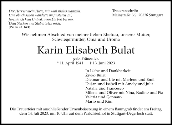 Traueranzeige von Karin Elisabeth Bulat von Stuttgarter Zeitung / Stuttgarter Nachrichten