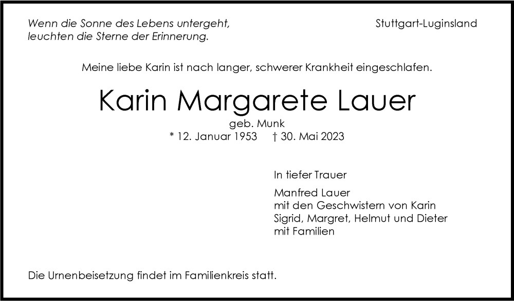  Traueranzeige für Karin Margarete Lauer vom 06.06.2023 aus Stuttgarter Zeitung / Stuttgarter Nachrichten