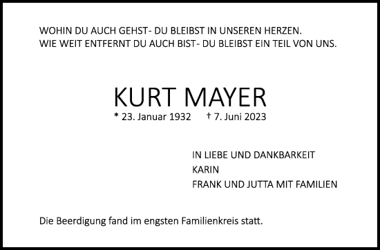 Traueranzeige von Kurt Mayer von Stuttgarter Zeitung / Stuttgarter Nachrichten