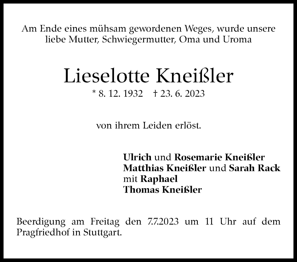  Traueranzeige für Lieselotte Kneißler vom 30.06.2023 aus Stuttgarter Zeitung / Stuttgarter Nachrichten