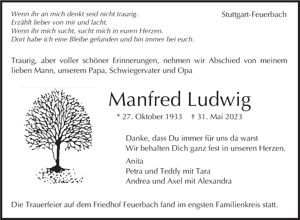  Traueranzeige für Manfred Ludwig vom 17.06.2023 aus Stuttgarter Zeitung / Stuttgarter Nachrichten
