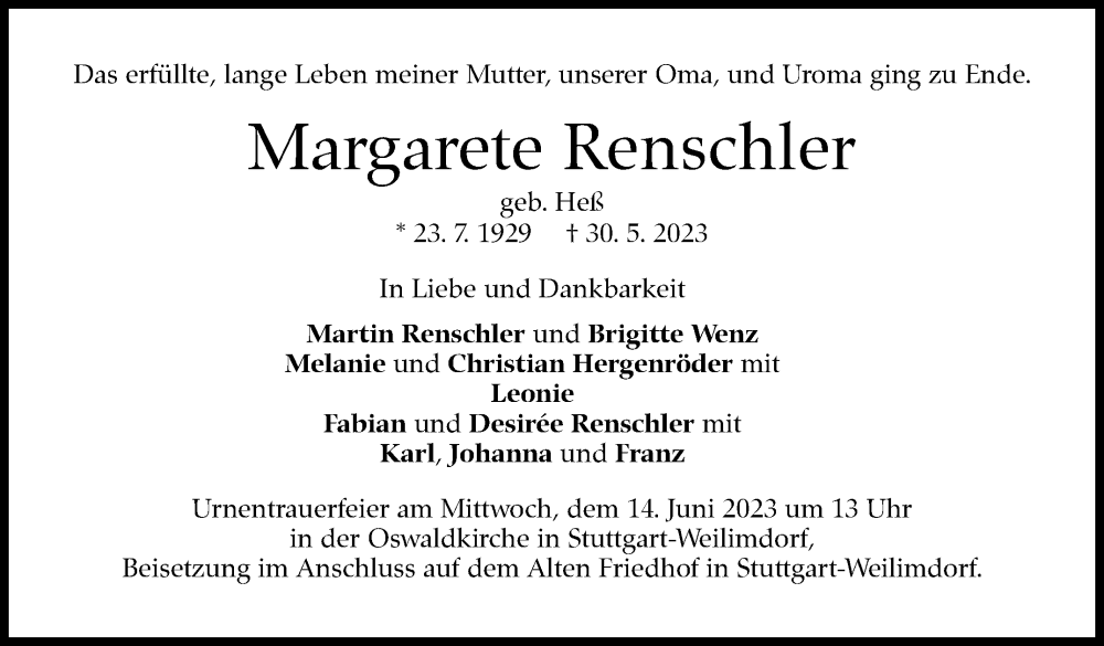  Traueranzeige für Margarete Renschler vom 10.06.2023 aus Stuttgarter Zeitung / Stuttgarter Nachrichten