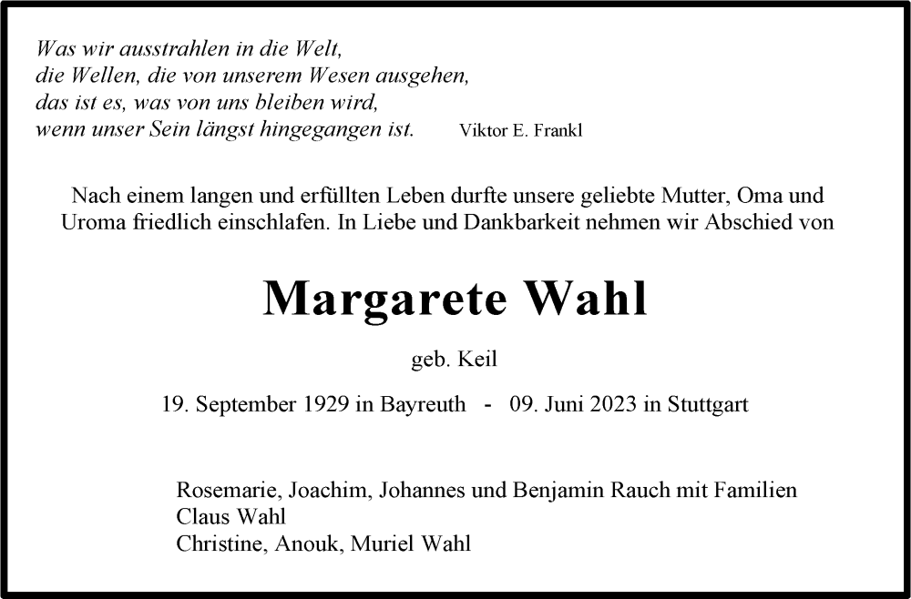  Traueranzeige für Margarete Wahl vom 17.06.2023 aus Stuttgarter Zeitung / Stuttgarter Nachrichten