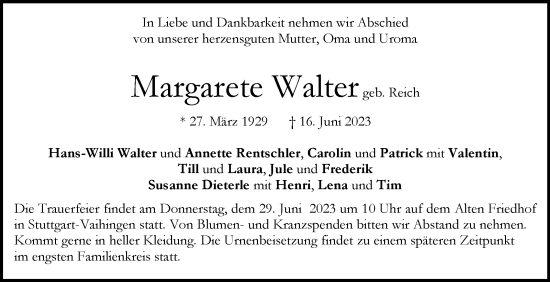 Traueranzeige von Margarete Walter von Stuttgarter Zeitung / Stuttgarter Nachrichten