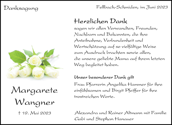 Traueranzeige von Margarete Wangner von Stuttgarter Zeitung / Stuttgarter Nachrichten