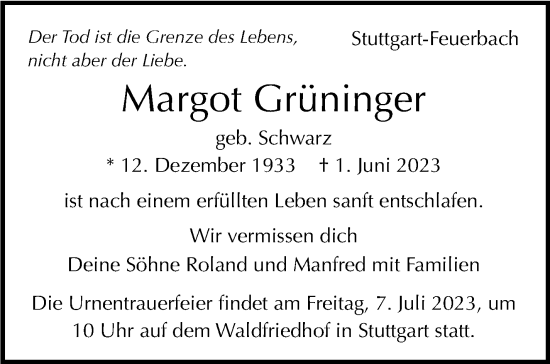 Traueranzeige von Margot Grüninger von Stuttgarter Zeitung / Stuttgarter Nachrichten
