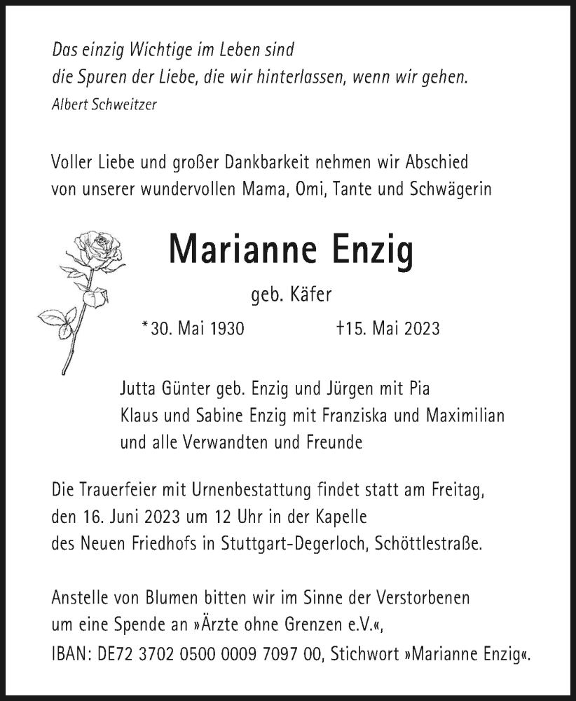  Traueranzeige für Marianne Enzig vom 03.06.2023 aus Stuttgarter Zeitung / Stuttgarter Nachrichten
