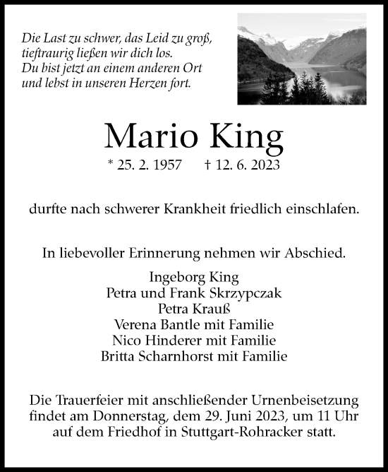 Traueranzeige von Mario King von Stuttgarter Zeitung / Stuttgarter Nachrichten
