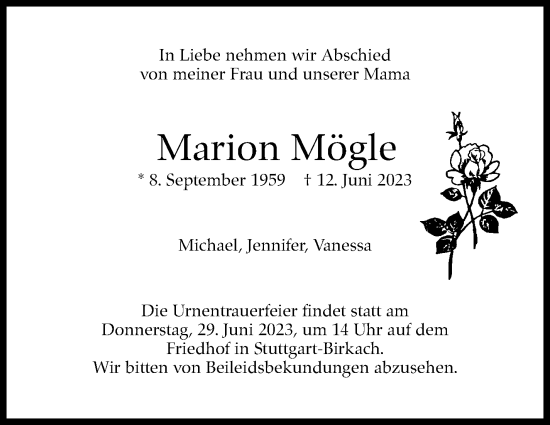 Traueranzeige von Marion Mögle von Stuttgarter Zeitung / Stuttgarter Nachrichten