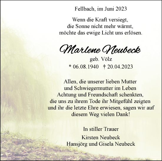 Traueranzeige von Marlene Neubeck von Stuttgarter Zeitung / Stuttgarter Nachrichten