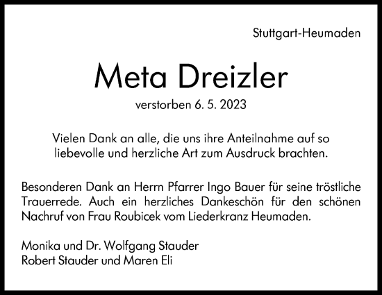 Traueranzeige von Meta Dreizler von Stuttgarter Zeitung / Stuttgarter Nachrichten