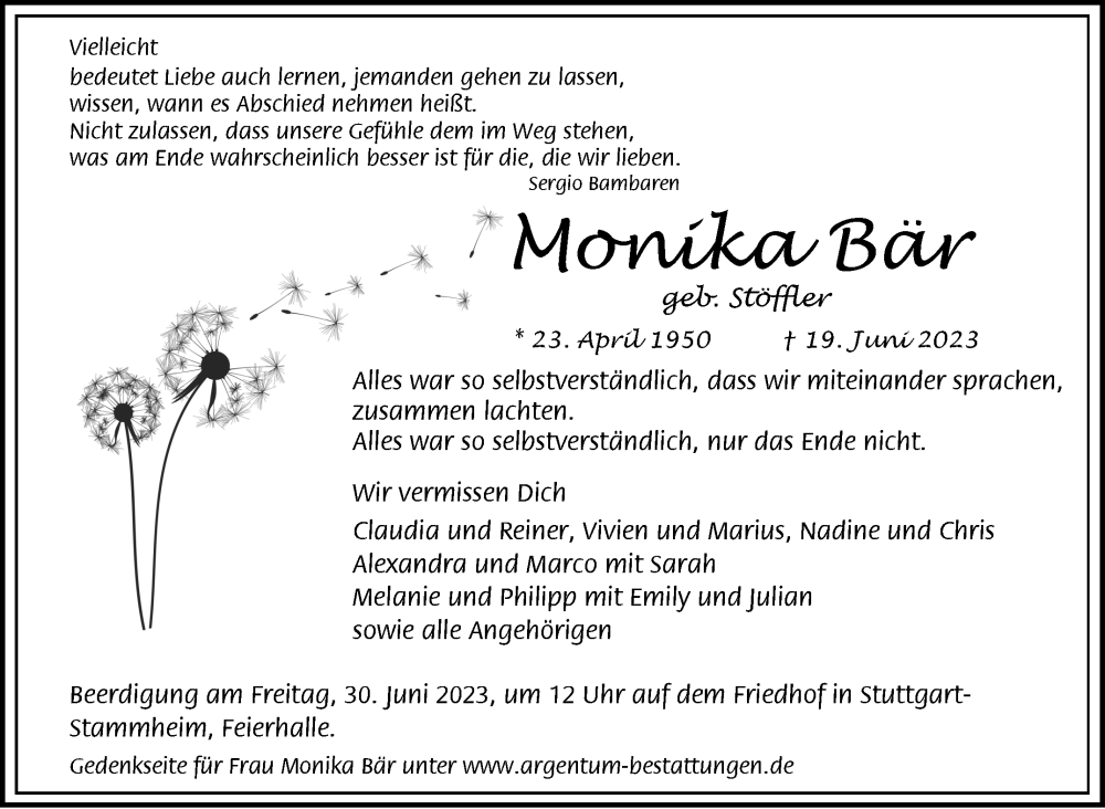  Traueranzeige für Monika Bär vom 24.06.2023 aus Stuttgarter Zeitung / Stuttgarter Nachrichten