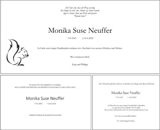 Traueranzeige von Monika Suse Neuffer von Stuttgarter Zeitung / Stuttgarter Nachrichten