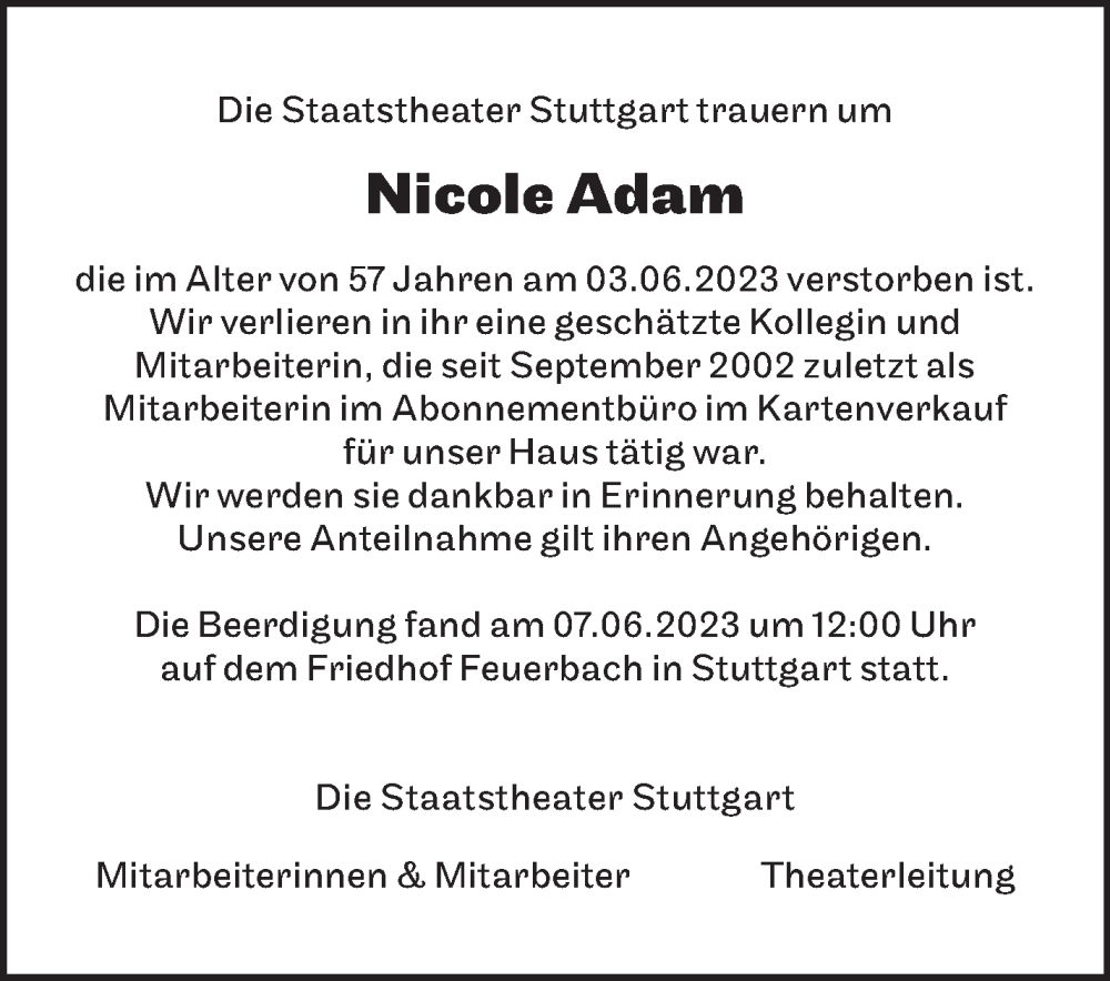  Traueranzeige für Nicole Adam vom 09.06.2023 aus Stuttgarter Zeitung / Stuttgarter Nachrichten